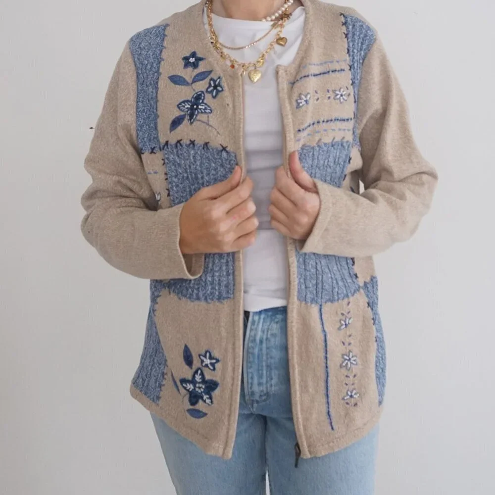 Alia Beige Blue Embroidered Floral Knit Zip Up Cardigan Sweater Large - Picture 2 of 14